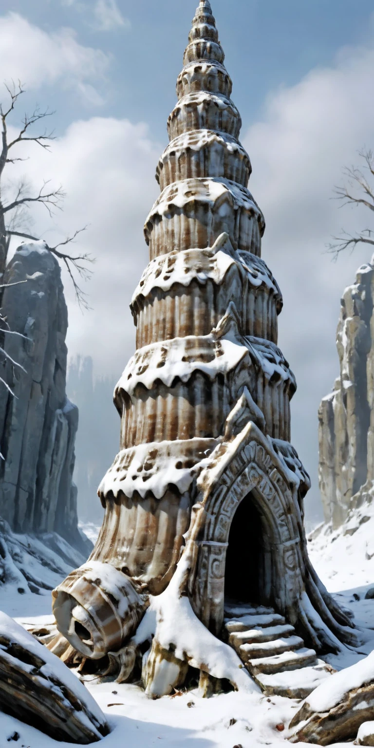 A (painting:1.4) of an ethereal Mayan Steel gray spire in ruins in a winter Taiga landscape, highly detailed stone texture, intricate masonry made of rk-shells