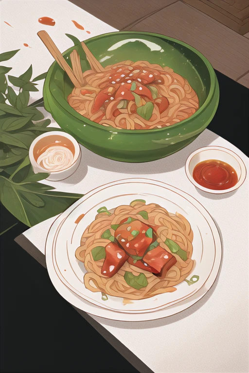 Chinese cuisine,Tossed Clear Noodles with Chili Sauce,sichuan style,An artistically delicate arrangement,lace tablecloth, green plants.design sense, artistry,Ultra-high resolution,Ultra hd picture,Contrast composition,Grid-based ray tracing,Contrast,light and shadow contrast, masterpiece, best quality,