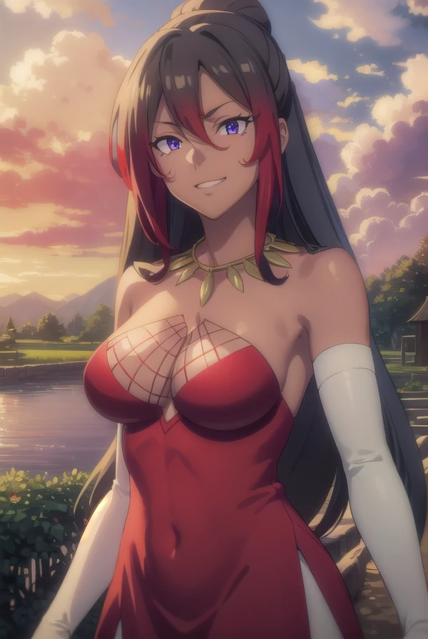 konosubasylvia, <lora:konosuba sylvia movie-lora-nochekaiser:1>,
sylvia, long hair, brown hair, hair between eyes, ponytail, red hair, multicolored hair, dark skin, dark-skinned female, (purple eyes:1.1), smile, grin,
BREAK gloves, dress, cleavage, bare shoulders, jewelry, pantyhose, elbow gloves, white gloves, strapless, (red dress:1.5), fishnets,
BREAK outdoor, forest, nature, trees, village, sky, sun, clouds,
BREAK looking at viewer, (cowboy shot:1.5),
BREAK <lyco:GoodHands-beta2:1>, (masterpiece:1.2), best quality, high resolution, unity 8k wallpaper, (illustration:0.8), (beautiful detailed eyes:1.6), extremely detailed face, perfect lighting, extremely detailed CG, (perfect hands, perfect anatomy),