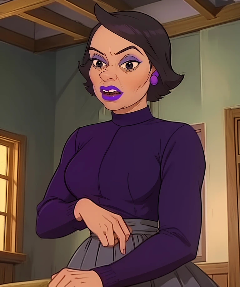Mavilda,short hair,black eyes,purple lips,
earrings,purple shirt,long sleeves,
cozy home,indoors,christmas,
(insanely detailed, beautiful detailed face, masterpiece, best quality) solo,<lora:MrsMavilda:0.7>,