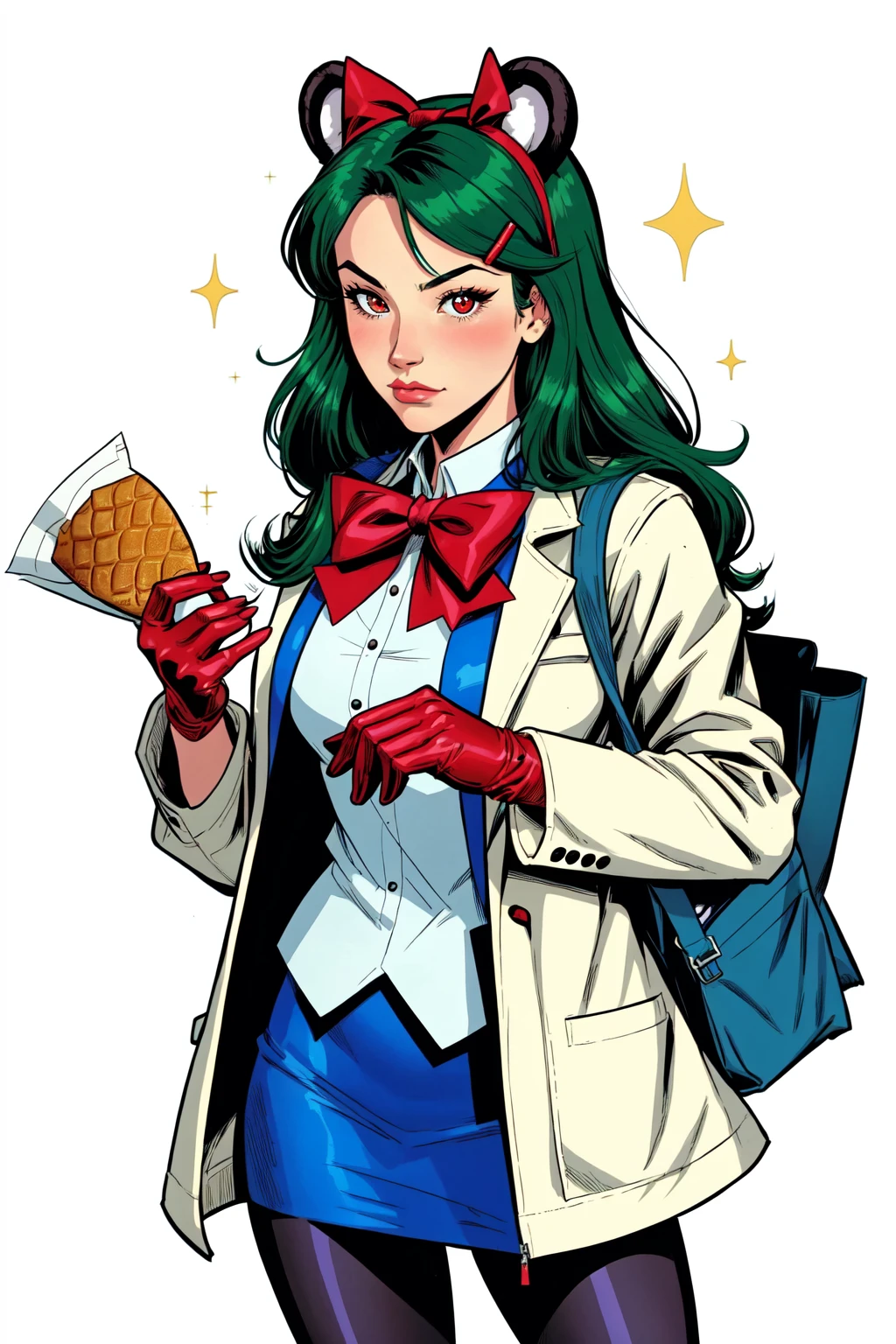 1girl, solo, long hair, looking at viewer, blush, simple background, shirt, hair ornament, red eyes, gloves, long sleeves, white background, bow, holding, animal ears, very long hair, closed mouth, jacket, hair bow, pantyhose, food, green hair, open clothes, hairclip, bag, coat, sparkle, white jacket, white coat, holding bag, bear ears, paper bag, blue pantyhose, taiyaki, extremely detailed, by Jack Kirby, Adam Hughes and Terry Dodson, ink hatching, art by jim lee and joemad, detailed background, inked lines, ultra sharp, extremely detailed, detailed eyes, detailed face, looking at viewer