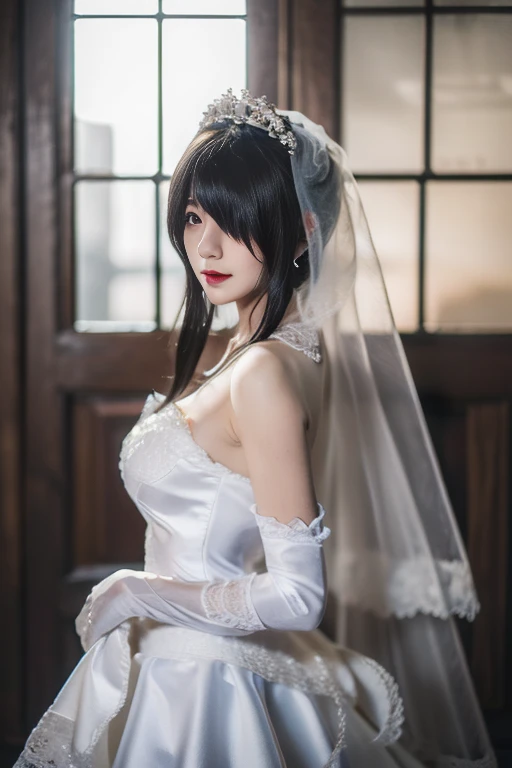 ltra-detailed,highly detailed,best quality,masterpiece,illustration,realistic,photorealistic,
tokisaki kurumi,huajia, 1girl, solo, cleavage, long legs,
wedding dress, bridal veil, tiara, bare shoulders, strapless dress, gloves, garter straps, lace-trimmed legwear,
jewelry, earrings, necklace, 
bangs, hair over one eye, sidelocks, long hair, 
looking at viewer, cowboy shot, standing, from side, 
indoors, window, wooden floor, 
 <lora:tokisaki kurumi huajia_v8_06:1.0>