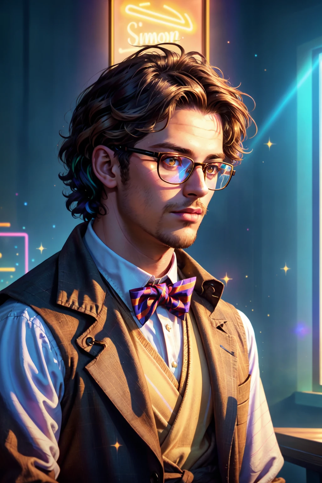 (masterpiece, best_quality, ultra-detailed, (simon petrikov), immaculate:1.3), epic, illustration, render, volumetric lighting, welcoming, see-through gossamer, in Japan, 1boy, male focus, white eyes, fluffy hair, short hair, curly hair, antique eyewear, glasses, two tone hair, brown hair, streaked hair, white streak, black linen vest, yellow shirt, bow tie, brown linen jacket, brown linen pants, (inked lines, LUT Like a Movie, sparkles, glitter), (lens flare, light leak, prismatic), shiny skin, wind swept hair, cg, (side-lighting, studio lighting, neon lighting, Rembrandt Lighting, specular highlights, specular reflection, tone mapping, detailed eyes, detailed face, detailed cloth, extreme light and shadow), wide shot, upper body, bar scene, cafe scene, extreme light and shadow, indoors, official art, (tumblr sexy twink man)