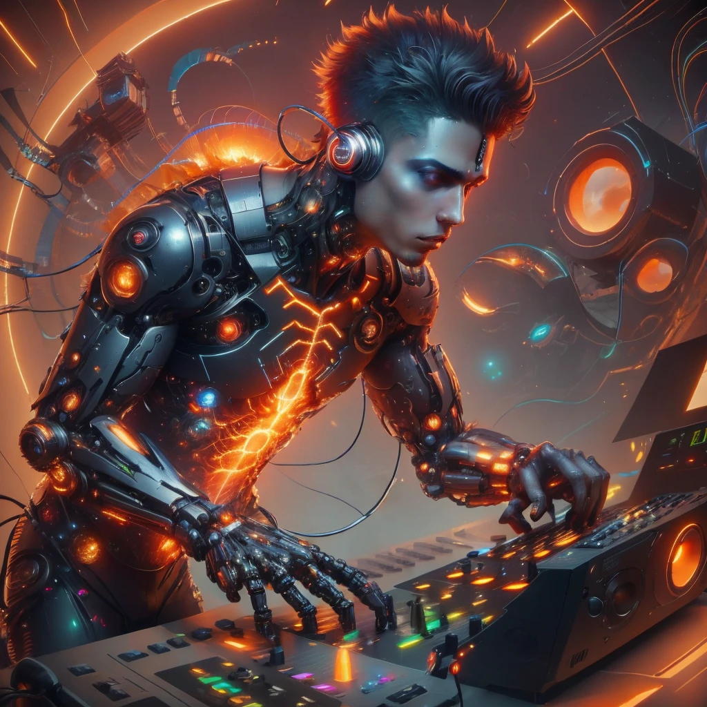 futuristic, cybernetic,1boy, metal body,  dj, circuitry gleaming, glowing red-orange energy portal, techno patterns,  blue orbs, modern font, symbolizing the techno-music fusion, ZteknoStyle01, <lora:ZteknoStyle01-10:0.7>