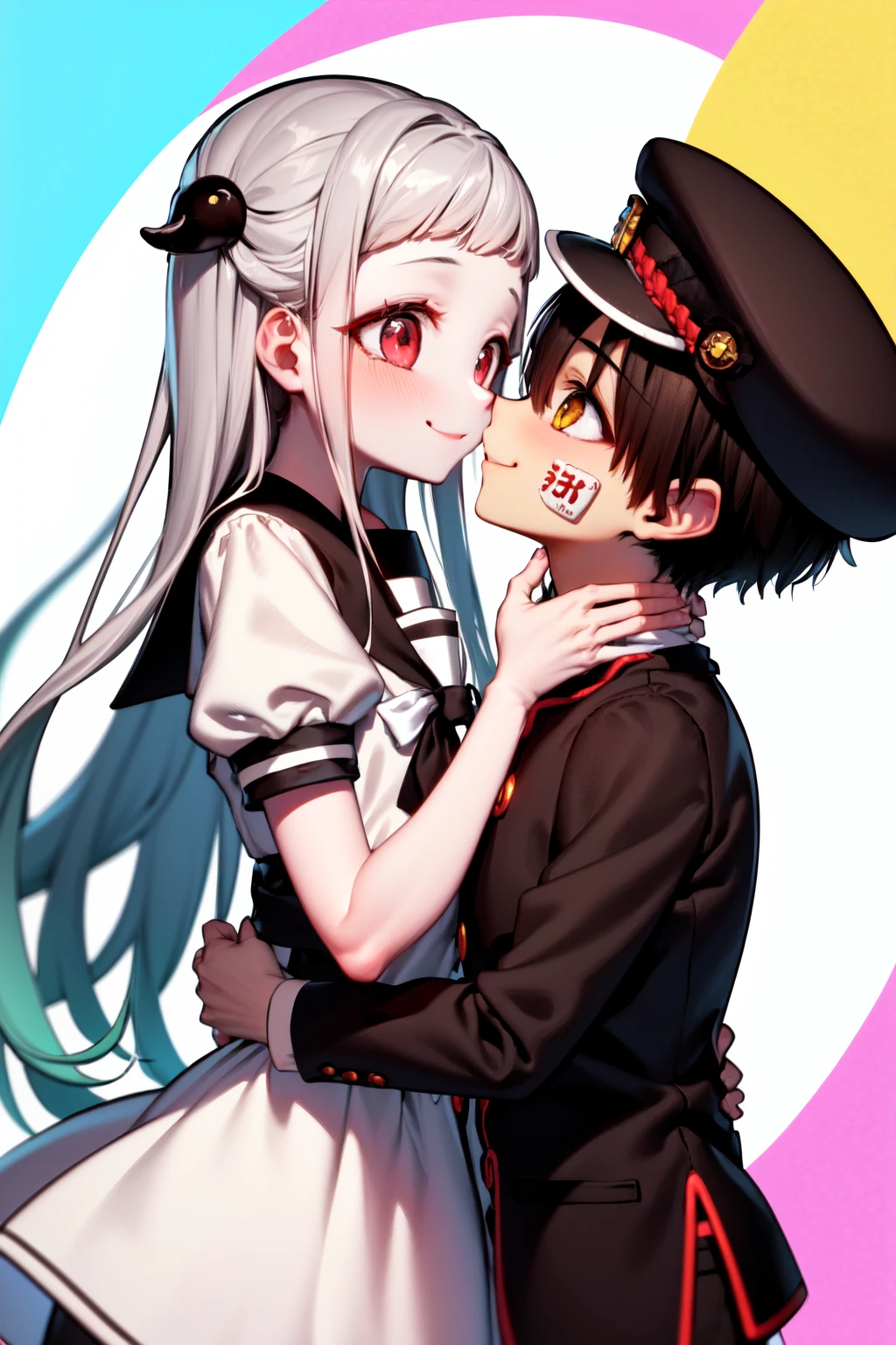 masterpiece, best quality, highres, 1girl nene red eyes, white dress sailor collar puffy sleeves, 1boy hanako yellow eyes, black jacket gakuran hat <lora:hanako_nene_1:1> [kiss::0.2], smile