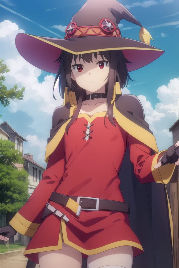 konosubamegumin, <lora:konosuba megumin movie-lora-nochekaiser:1>,
megumin, short hair, black hair, (red eyes:1.3), short hair with long locks,
BREAK thighhighs, gloves, hat, dress, black gloves, belt, black thighhighs, fingerless gloves, cape, collar, witch hat, bandages, red dress, single thighhigh, asymmetrical legwear, bandaged leg,
BREAK outdoor, forest, nature, trees, village, sky, sun, clouds,
BREAK looking at viewer, (cowboy shot:1.5),
BREAK <lyco:GoodHands-beta2:1>, (masterpiece:1.2), best quality, high resolution, unity 8k wallpaper, (illustration:0.8), (beautiful detailed eyes:1.6), extremely detailed face, perfect lighting, extremely detailed CG, (perfect hands, perfect anatomy),