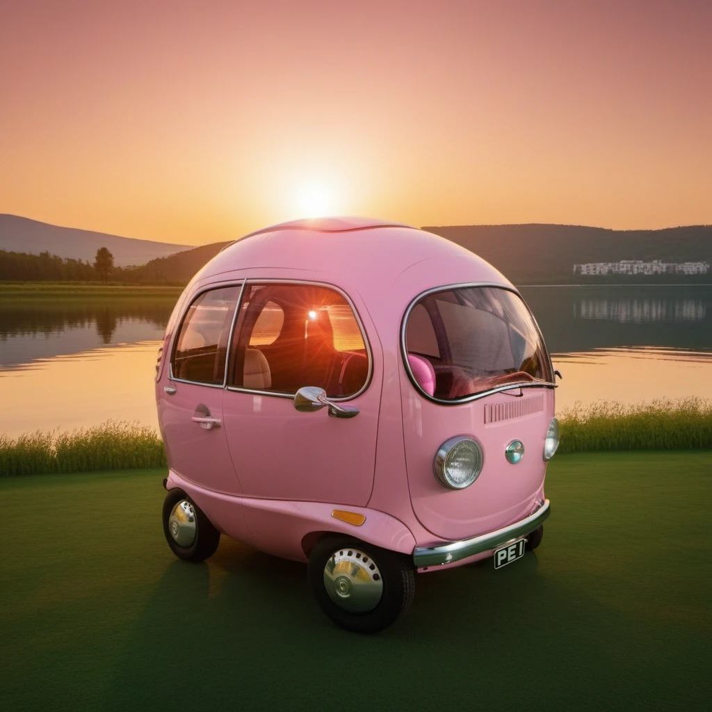 a pink bubble car, lake, sunset, highly detailed, attack on titan, photography, ultra sharp, film, professional, 64k <lora:PeaCar1024:0.8> <lora:add-detail-xl:1.5>