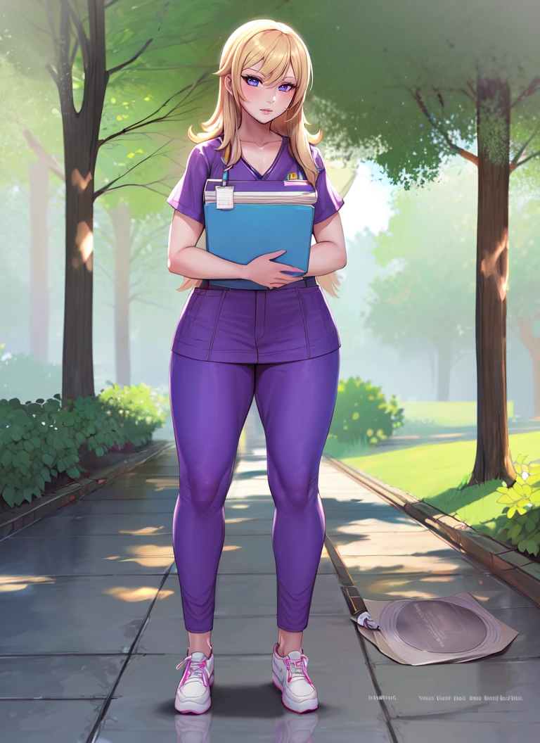((best quality)), ((highly detailed)), absurdres, (detailed eyes, deep eyes), (1girl), <lora:fromBelowPOV_v1:1>, from_below, foreshortening, looking down, contrapposto, standing, ((legs apart)), crossed arms, cowboy shot, from below, looking at viewer, ((<lora:ClothingMedicalScrubs0:1>, purple scrubs, pants, name tag, holding clipboard, sneakers)), <lora:hairdetailer:.9>, girl, (outdoors, in a rainforest, rainforest canopy, noon), <lora:pinkdrawz_lora:.65>, pinkdrawz_lora_BY_MAKIMARK