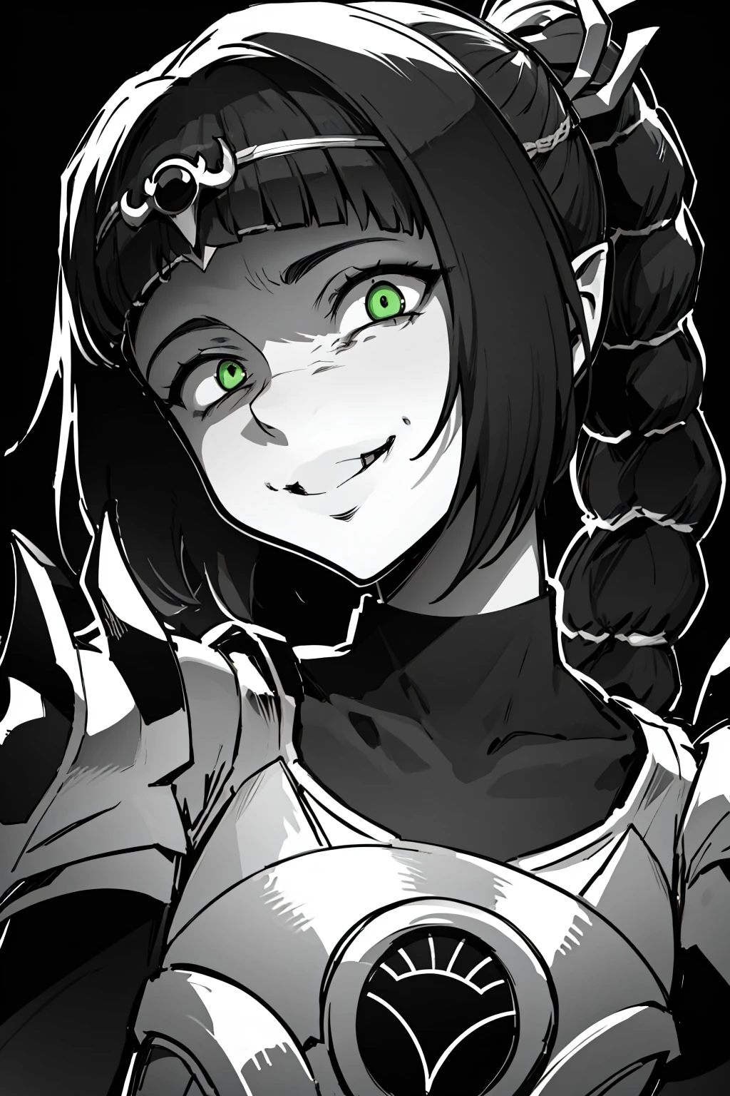 masterpiece, best quality, monochrome, greyscale, ebiblue, gesugao, 1girl, shadowheart, black hair, braided ponytail, green eyes, circlet, upper body, armor, smile, sketch, looking at viewer, black background <lora:ShadowHeartV2:1> <lora:Ebiblue:1>