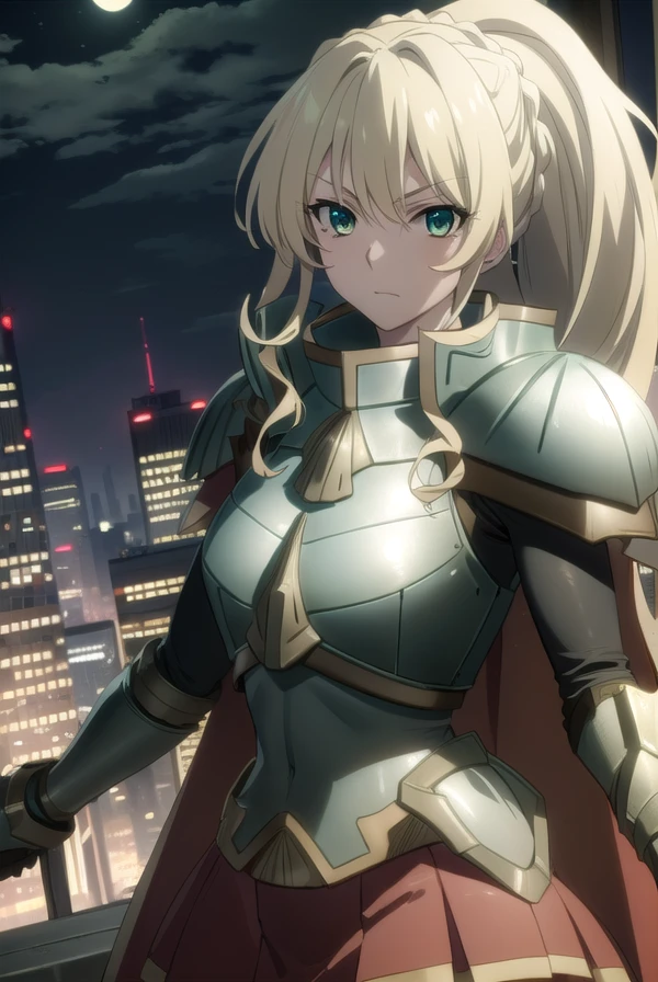 alicetariafebruary, <lora:alicetaria february s1-lora-nochekaiser:1>,
alicetaria february, long hair, (green eyes:1.3), blonde hair, ponytail, braid,
BREAK skirt, cape, armor, gauntlets, breastplate, red cape,
BREAK outdoor, city, night, sky, buildings, moon, clouds,
BREAK looking at viewer, (cowboy shot:1.5),
BREAK <lyco:GoodHands-beta2:1>, (masterpiece:1.2), best quality, high resolution, unity 8k wallpaper, (illustration:0.8), (beautiful detailed eyes:1.6), extremely detailed face, perfect lighting, extremely detailed CG, (perfect hands, perfect anatomy),