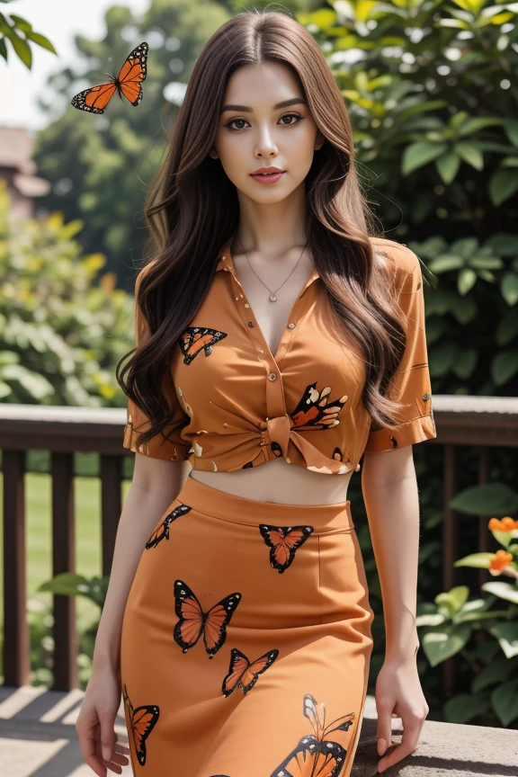 1woman, long hair, realistic, masterpiece, high detailed skin, looking at viewer, outdoor view, solo, full body shot
<lora:Butterfly_Pencil_Skirt_Blouse_By_Stable_Yogi:0.8> orange butterfly print blouse, butterfly print pencil skirt