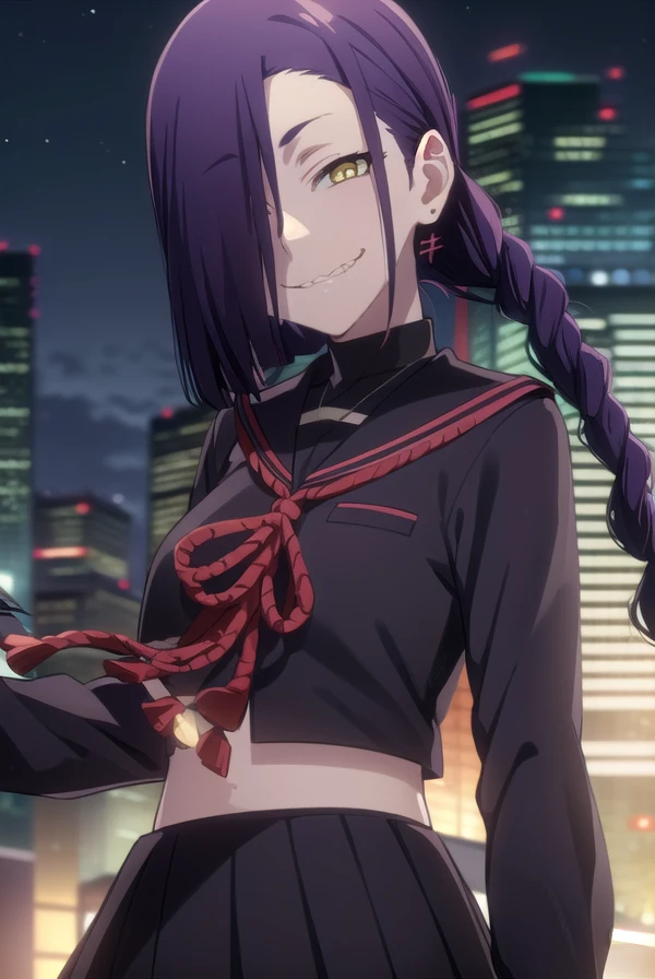 maganechikujouin, <lora:magane chikujouin s1-lora-nochekaiser:1>, 
magane chikujouin, long hair, purple hair, braid, single braid, (hair over one eye:1.5), (yellow eyes:1.3), sharp teeth, smile, grin,
BREAK skirt, thighhighs, gloves, jewelry, school uniform, earrings, serafuku, black gloves, black thighhighs, necklace, zettai ryouiki,
BREAK outdoor, city, night, sky, buildings, moon, clouds,
BREAK looking at viewer, (cowboy shot:1.5),
BREAK <lyco:GoodHands-beta2:1>, (masterpiece:1.2), best quality, high resolution, unity 8k wallpaper, (illustration:0.8), (beautiful detailed eyes:1.6), extremely detailed face, perfect lighting, extremely detailed CG, (perfect hands, perfect anatomy),