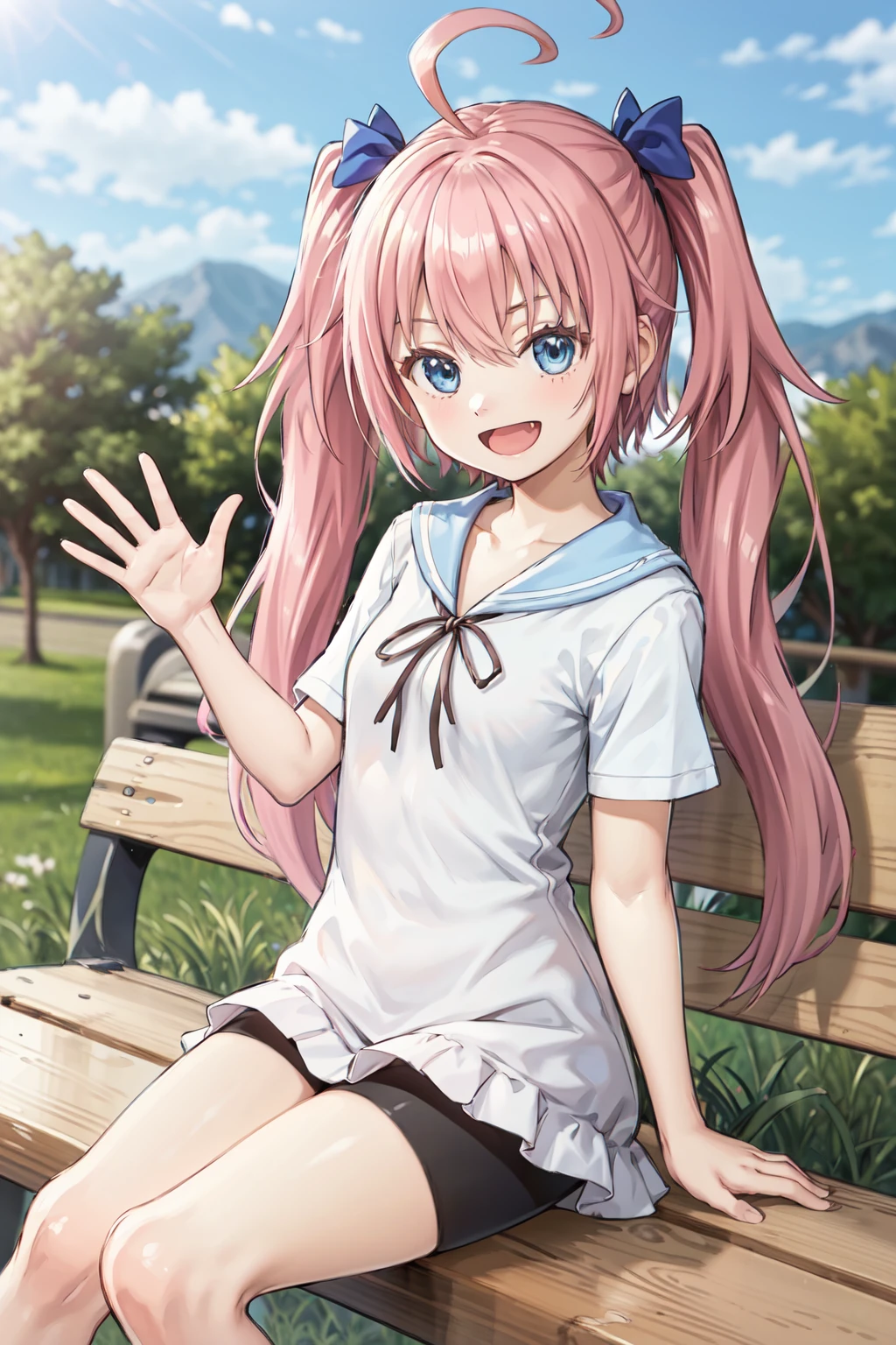 masterpiece,best quality,highres,ultra-detailed,bbmilim,long hair,twintails,ahoge,hair bow,blue sailor collar,neck ribbon,dress,white dress,short sleeves,bike shorts,black shorts,shorts under dress,shoes,<lora:milim_nava:0.9>,outdoors, bench, sitting, :d, waving,