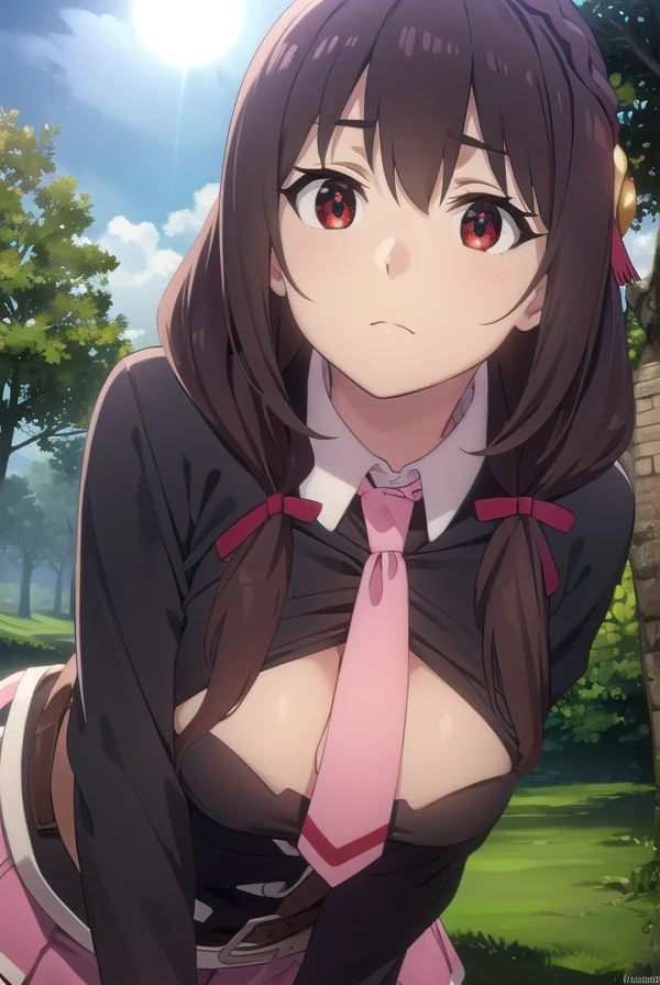 konosubayunyun, <lora:konosuba yunyun movie-lora-nochekaiser:1>, 
yunyun, long hair, brown hair, hair ornament, (red eyes:1.3), bow, ribbon, twintails, braid, hair bow,
BREAK skirt, long sleeves, necktie, belt, clothing cutout, cleavage cutout, pink skirt, pink necktie,
BREAK outdoor, forest, nature, trees, village, sky, sun, clouds,
BREAK looking at viewer, (cowboy shot:1.5),
BREAK <lyco:GoodHands-beta2:1>, (masterpiece:1.2), best quality, high resolution, unity 8k wallpaper, (illustration:0.8), (beautiful detailed eyes:1.6), extremely detailed face, perfect lighting, extremely detailed CG, (perfect hands, perfect anatomy),