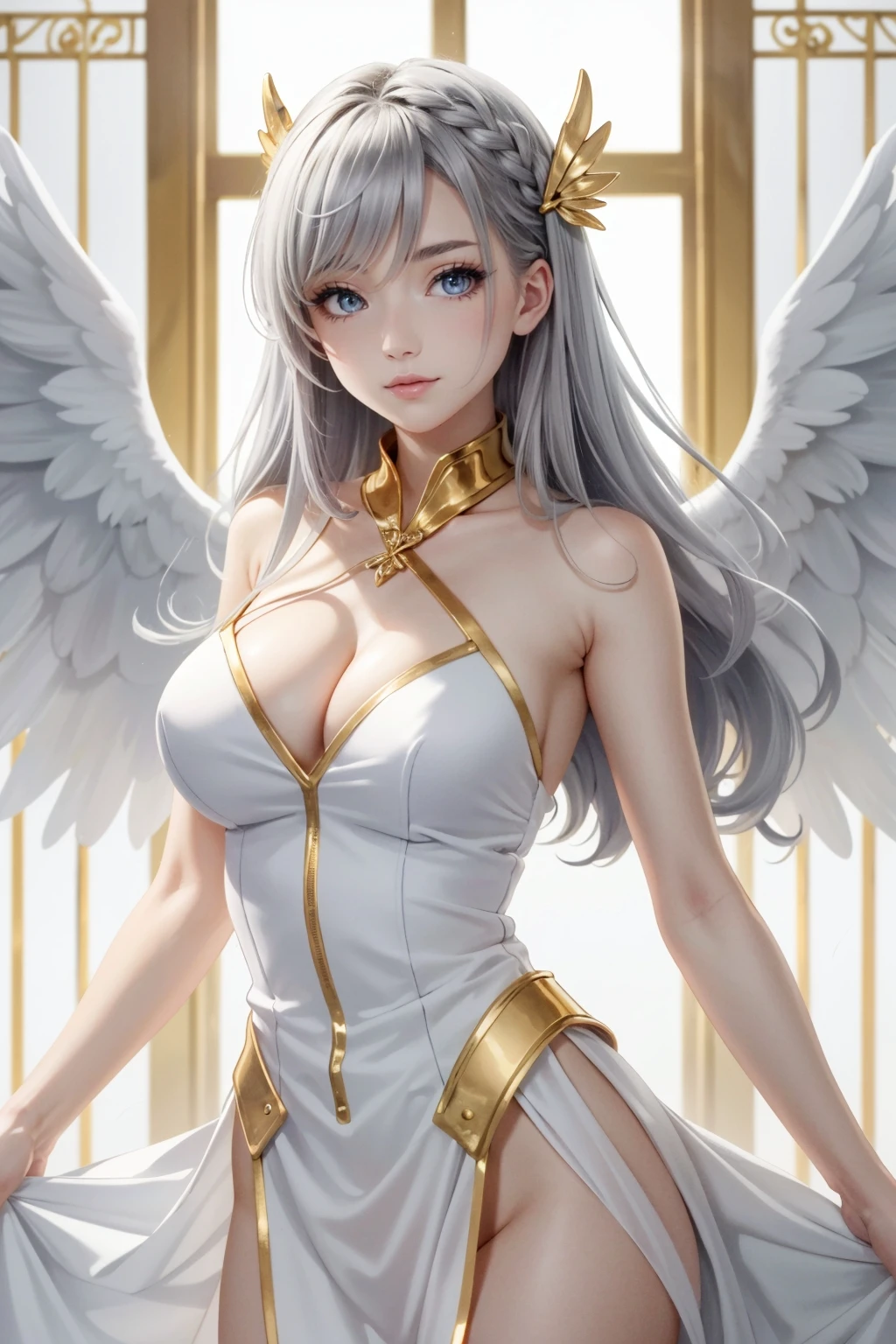 ((ultra detailed, masterpiece, best quality))
1girl,female,adult, long hair,angel,silver hair,white cloths,large wings,(((golden gates of heaven))),(((white background))),(((misty)))