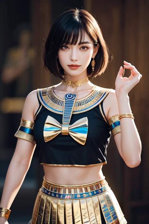 (otherworldly, otherworldly atmosphere, otherworldly appearance), highly insanely detailed, masterpiece, top quality, best quality, highres, 4k, 8k, RAW photo, (long_hair, long hair), collar, earrings, jewelry,
(random colors cloth, random colors hair, random long hair, dynamic hair, glowing hair),
long hair, eyelashes, eyeliner, makeup, hair over one eye,
(dynamic pose), (dynamic weather), (dynamic background), nsfw,
1girl, (portrait:1.2),
((ancient egyptian theme)), golden ornaments,
1girl, short hair, bob cut, bangs, smile, light blush, upper body, head tilt, ancient egyptian sailor_shirt, ancient egyptian pleated_skirt, bowtie, hair behind ear,
BREAK, (fantasy world)