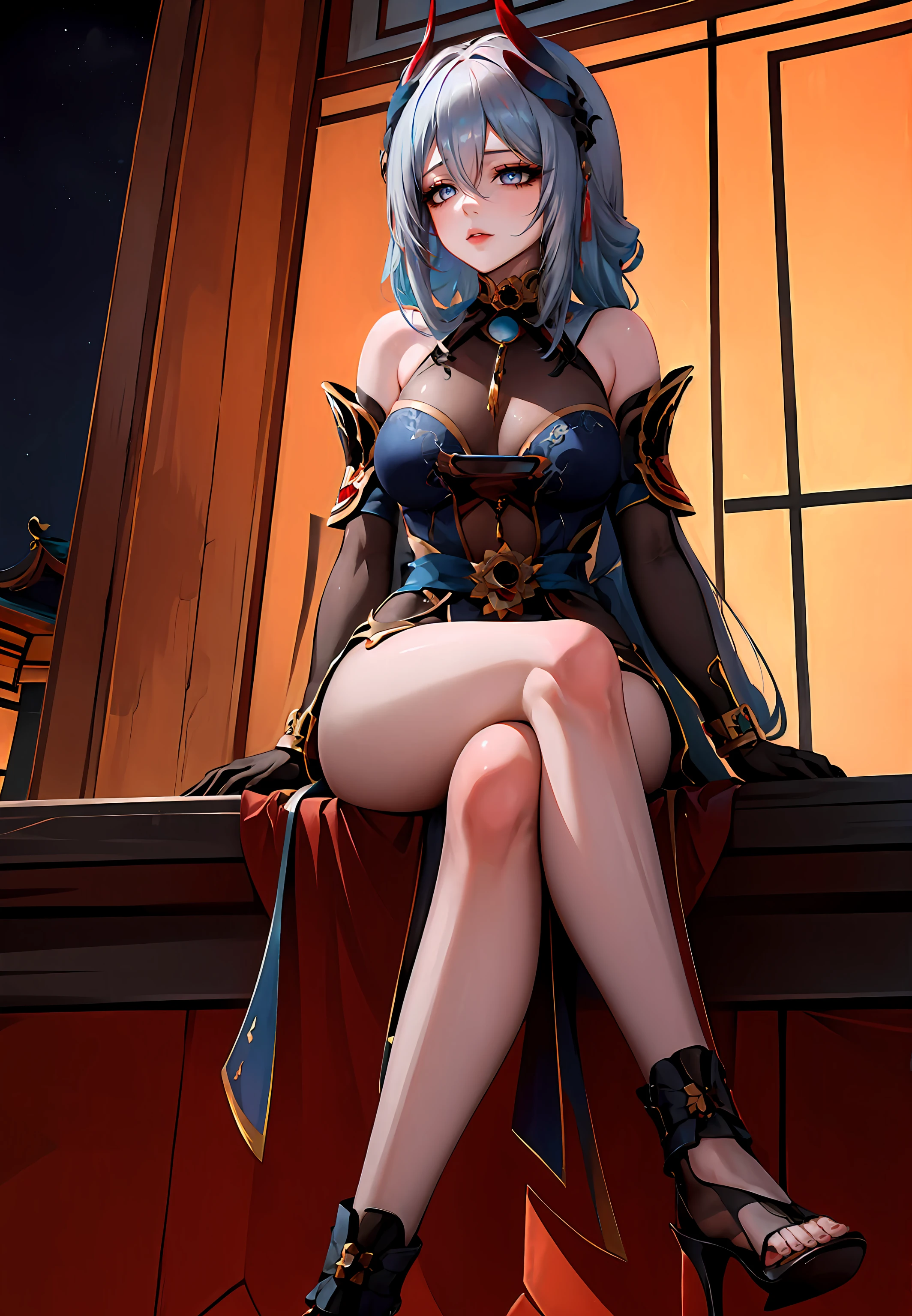 ((masterpiece,best quality)), 1girl, hanya, horns, elbow gloves, leg tattoo, toeless footwear, sitting, crossed legs, east asian architecture, (night), from below, large breasts,