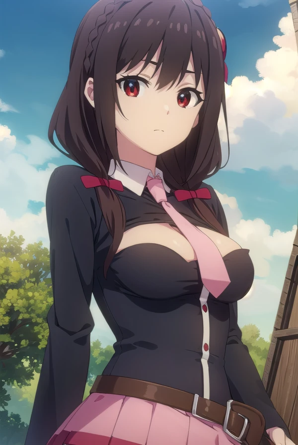 konosubayunyun, <lora:konosuba yunyun movie-lora-nochekaiser:1>,
yunyun, long hair, brown hair, hair ornament, (red eyes:1.3), bow, ribbon, twintails, braid, hair bow,
BREAK skirt, long sleeves, necktie, belt, clothing cutout, cleavage cutout, pink skirt, pink necktie,
BREAK outdoor, forest, nature, trees, village, sky, sun, clouds,
BREAK looking at viewer, (cowboy shot:1.5),
BREAK <lyco:GoodHands-beta2:1>, (masterpiece:1.2), best quality, high resolution, unity 8k wallpaper, (illustration:0.8), (beautiful detailed eyes:1.6), extremely detailed face, perfect lighting, extremely detailed CG, (perfect hands, perfect anatomy),