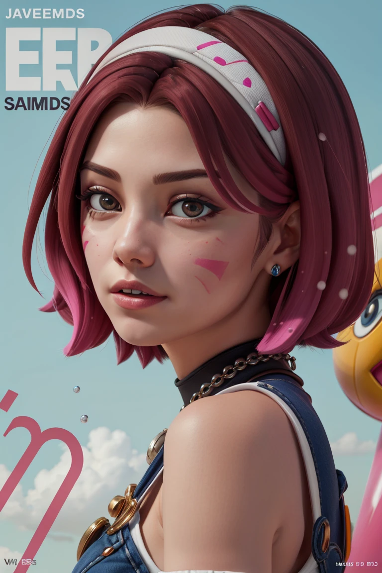 <lora:VRAMsPopDVA:0.5> vramsdva, 1girl, facial mark, jewelry, pink hair, hairband, closeup, korean, bob cut, magazine cover, splash, portrait