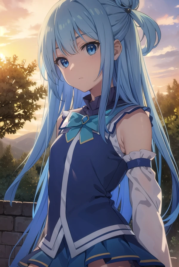 konosubaaqua, <lora:konosuba aqua movie-lora-nochekaiser:1>,
aqua, long hair, blue eyes, hair ornament, very long hair, blue hair, hair rings, single hair ring, hair bobbles,
BREAK skirt, shirt, thighhighs, bare shoulders, detached sleeves, white thighhighs, blue skirt, blue shirt, green bow,
BREAK outdoor, forest, nature, trees, village, sky, sun, clouds,
BREAK looking at viewer, (cowboy shot:1.5),
BREAK <lyco:GoodHands-beta2:1>, (masterpiece:1.2), best quality, high resolution, unity 8k wallpaper, (illustration:0.8), (beautiful detailed eyes:1.6), extremely detailed face, perfect lighting, extremely detailed CG, (perfect hands, perfect anatomy),