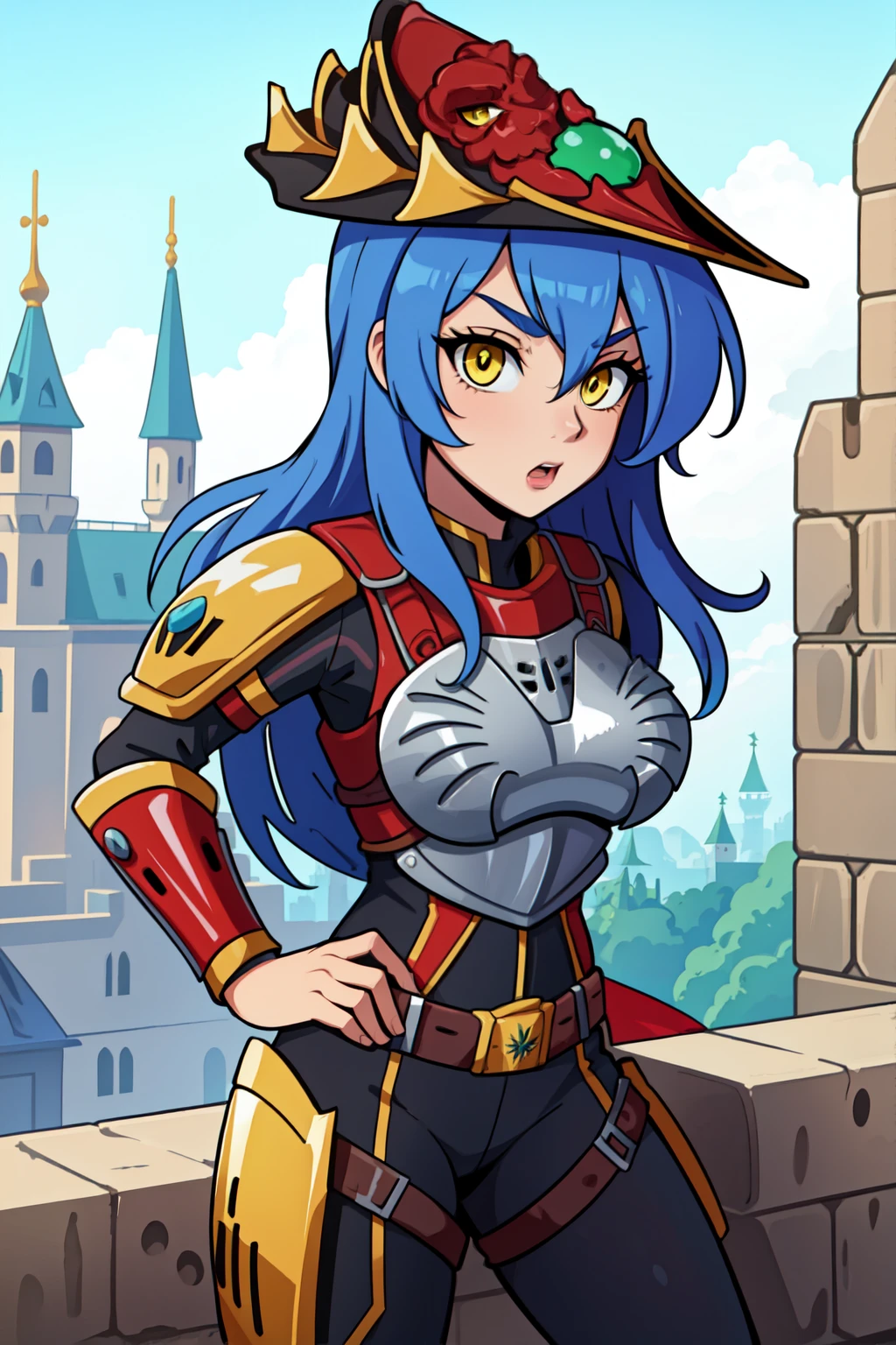 8k resolution, perfect lighting, solo, 1girl, dang_rs3, blue hair, long hair, hat, yellow eyes, breastplate, red armor, disgusted face, black body suit,  castle,