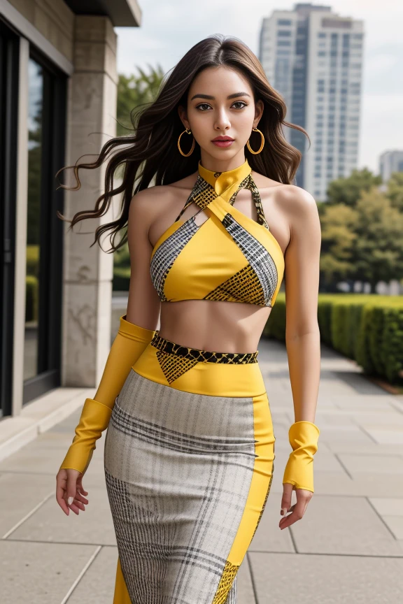 1woman, long hair, realistic, masterpiece, high detailed skin, looking at viewer, outdoor view, solo, full body shot
<lora:Halter_Plaid_Skirt_By_Stable_Yogi:0.8>yellow  criss-cross_halter, gloves, bare_shoulders, earrings, navel, plaid pencil skirt