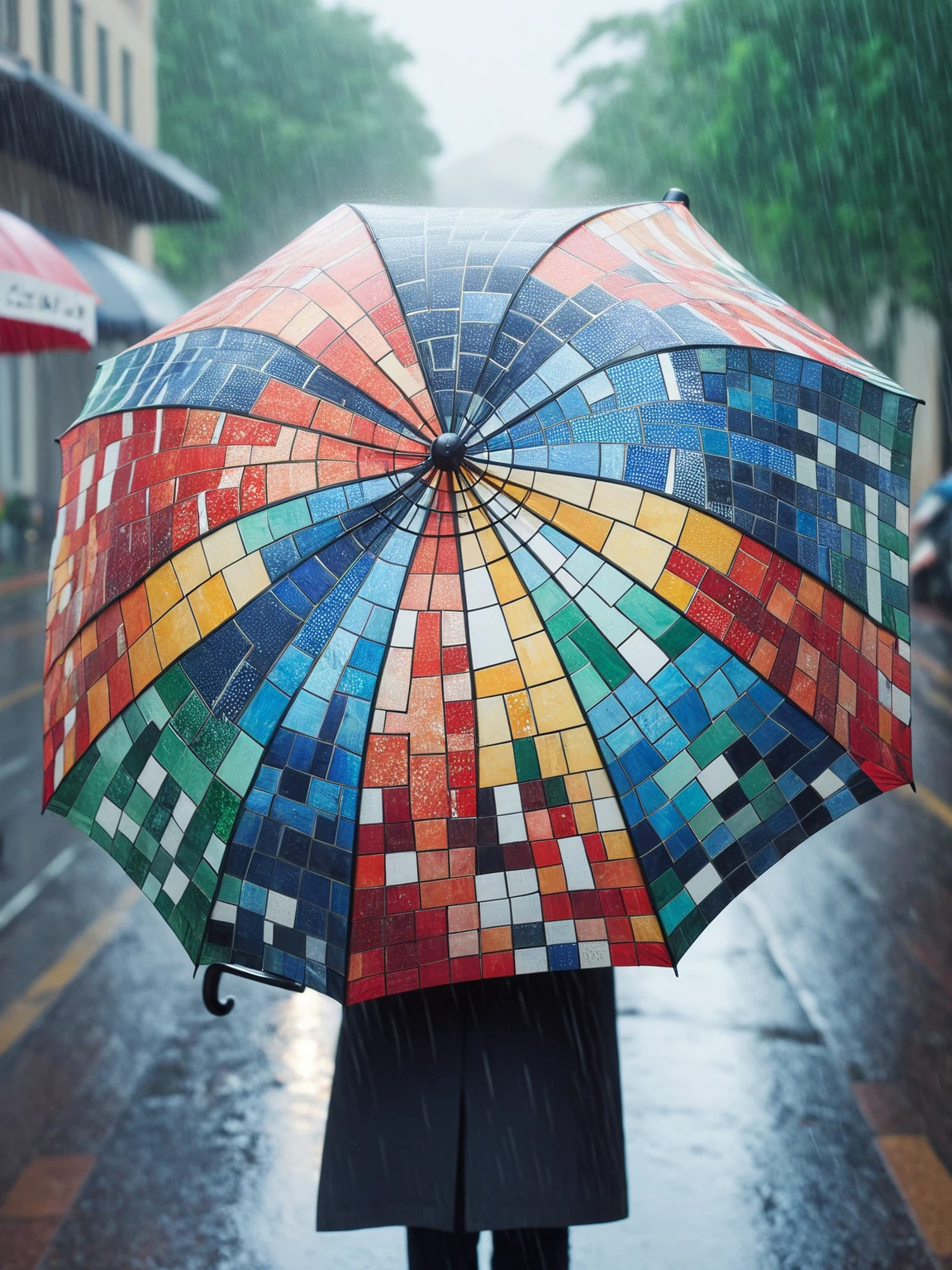 A ais-mosaic Umbrella in the rain <lora:Mosaic_Texture_SDXL:1>