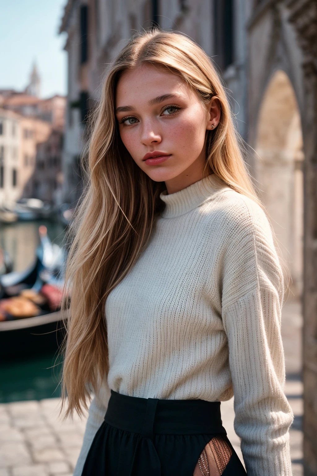photo of (EP0l1v14C0l4ng3l0:0.99), closeup portrait, perfect hair, blonde, [bangs|ponytail] (modern photo, [Long-sleeve running top and running tights with reflective accents|Mohair knit shrug|Bodysuit, denim skirt, ankle boots]), 24mm, (analog, cinematic, film grain:1.3), (([arcane repository of magical tomes, asphalt,limestone,composite materials, lanterns with real flames, lanterns (traditional or modern)| venice, gondola ride], gradient:1.1)), ((detailed eyes)), (([dark|heavy|subtle]eyeliner, long lashes)), (epicPhoto), long eyelashes, (perfect waist), ([red|pink|glossy] lips)