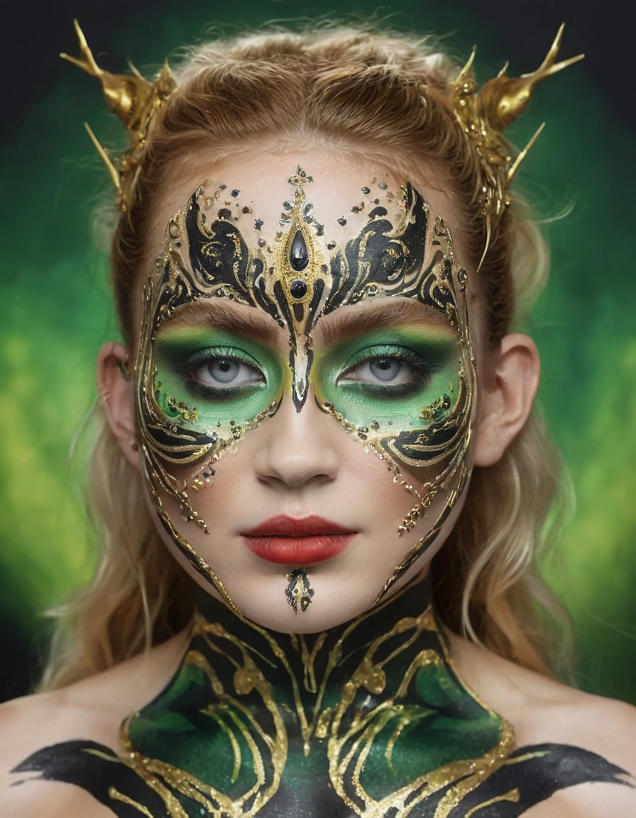  waist up portrait of ((sdsx:1.2) woman) 
 with a hyperrealistic style, showcasing an elaborate body paint design. The skin should be painted in segments of black, gold, and green, with patterns that mimic flowing lines and dots. The face features an asymmetrical mask-like effect, with one eye highlighted in gold and the other in green, complemented by matching eyeshadow. The lips are a vibrant red, contrasting with the face paint. The figure's blonde hair is tousled, enhancing the fantastical element. The image should blend the precision of hyperrealism with the creativity of fantasy body art. "