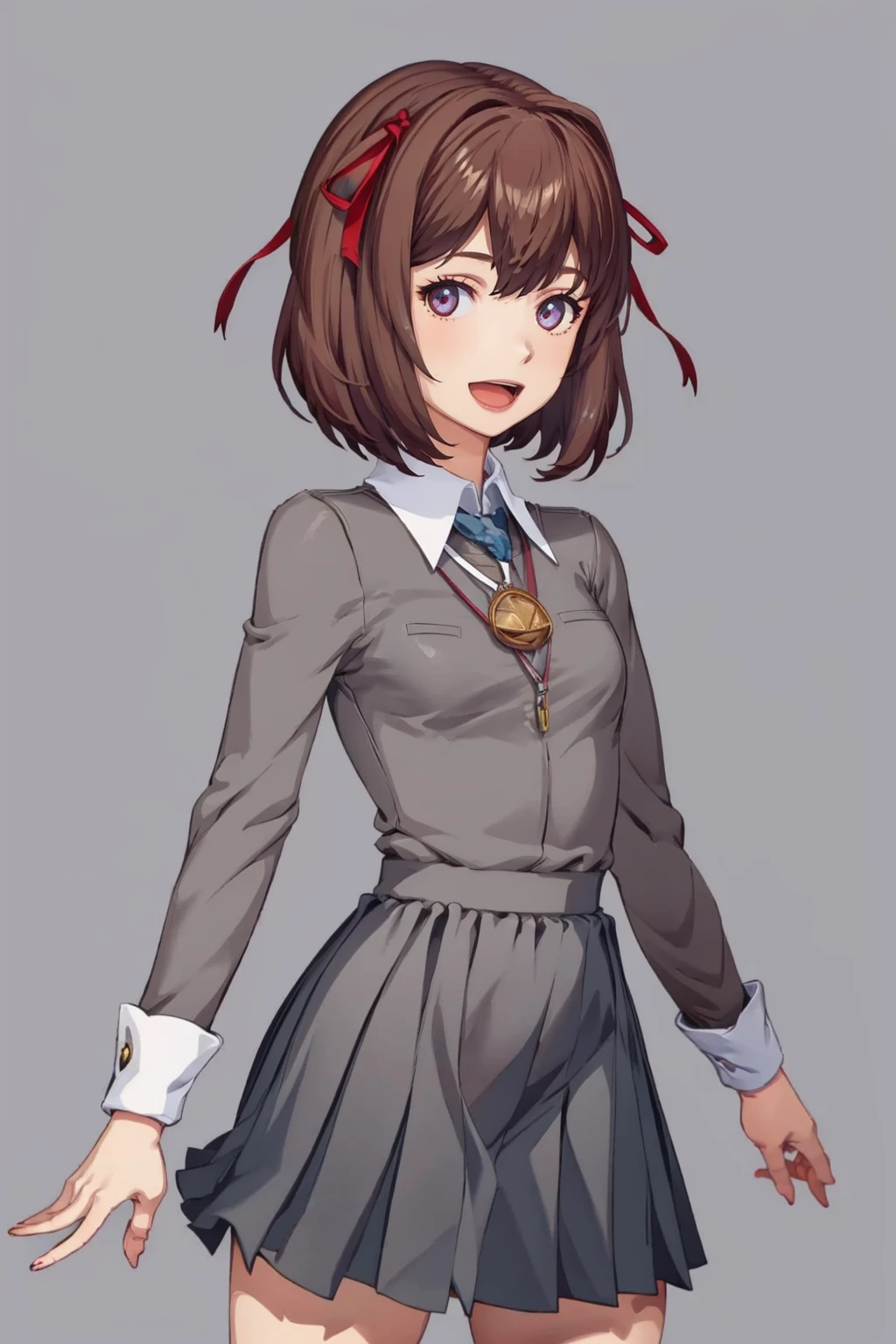 masterpiece, best quality, solo, 1girl, looking at viewer, :d, <lora:DDLC-Style_Fp:0.7>, simple background, <lora:maki-nvwls-v1-final:0.9> sonomura maki, pendant, hair ribbon, school uniform, skirt,