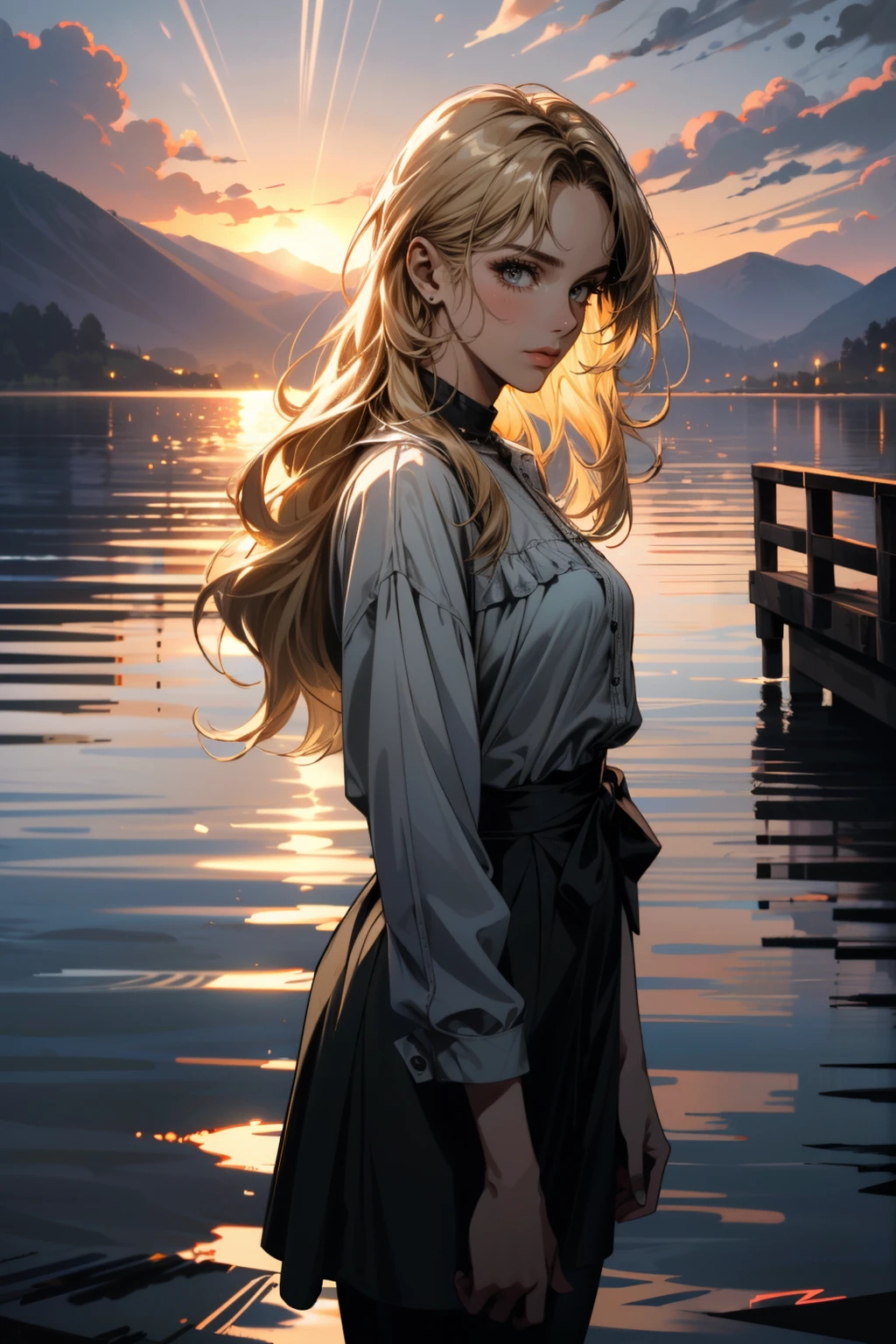 ((ultra detailed, masterpiece, absurdres))
<lora:QuarryEmma:0.9>
QuarryEmma, 1girl, solo, long hair, blonde hair, standing, pier on the lake, water, sunrise, cinematic lighting
