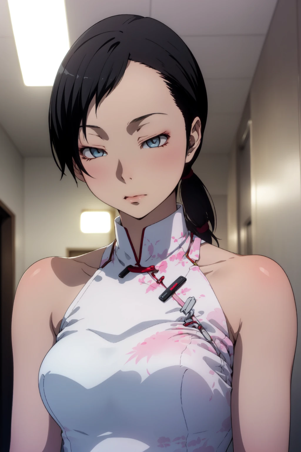 (RAW photo, best quality), 1girl,  natural lighting,  solo, modern hospital,
 <lora:smt_devil_survivors_2_fumi_kanno_v1_2-000003:1>, fumi kanno, chinese dress, upper body,