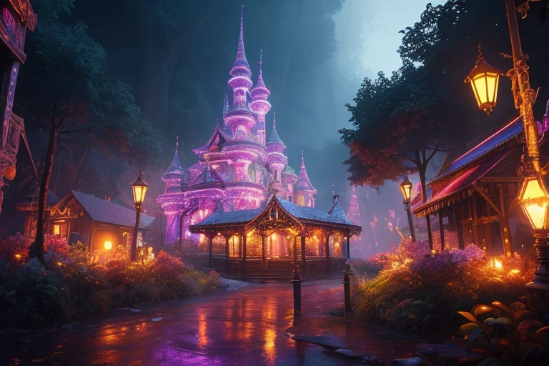 dark enchanted forest, best quality, extremely detailed, colorful, neon, sci-fi, steampunk, cinematic, colorful background, concept art, dramatic lighting, high detail, highly detailed, hyper realistic, intricate, intricate sharp details, octane render, smooth, natural lighting, trending on artstation