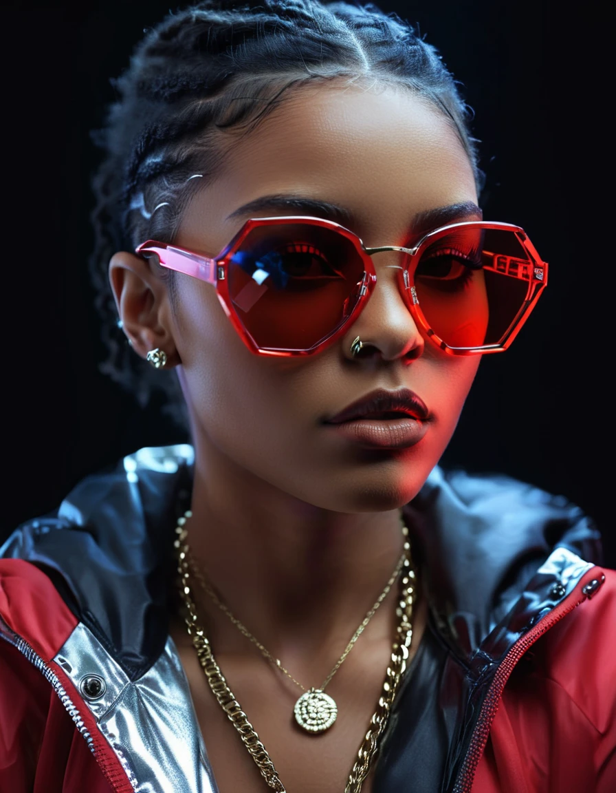 1girl, black background, parted lips, realistic, sunglasses, dark-skinned female, glasses, digital media \(artwork\), portrait, dark skin, lip piercing, tinted eyewear, red jacket, futuristic glasses, nose piercing, detailed, extremely, stunning, glowing, beautiful, dramatic light, sharp focus, fine detail, striking, incredible, highly intricate
<lora:FuturisticGlassesXL:.6>, , <lora:FILM_PHOTOGRAPHY_STYLE:0.25>