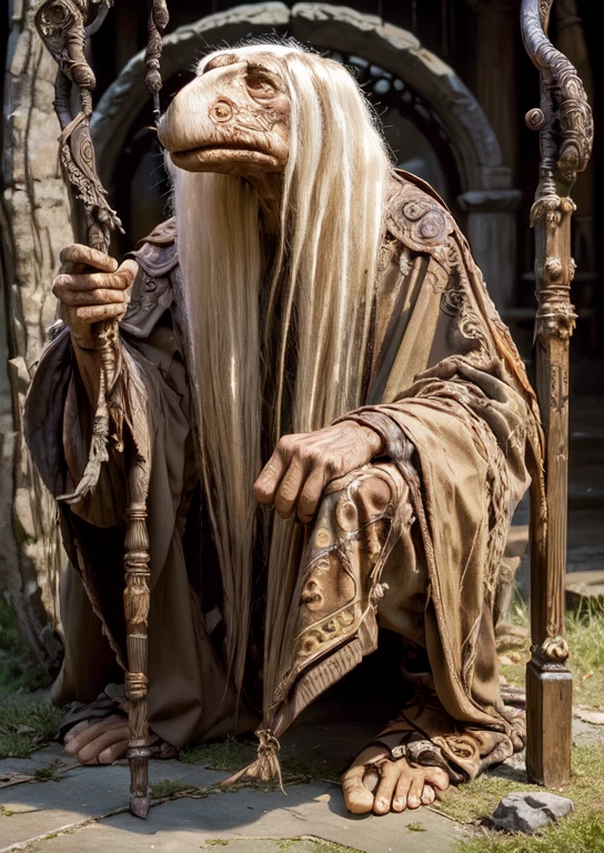 dmystic, mystic, solo, full body, white long hair, hunched, wearing brown robes, holding staff, old, facepaint, <lora:Mystics_Dark_Crystal:1.1>