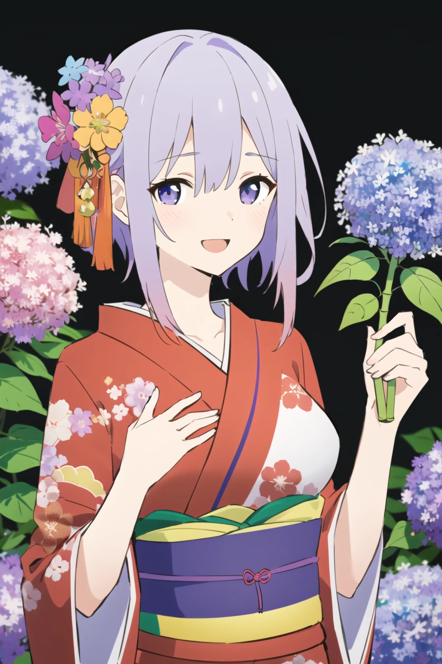 multicolored, mash_kyrielight, japanese_clothes, kimono, 1girl, flower, hair_ornament, open_mouth, floral_print, smile, solo, morning_glory, short_hair, yellow_kimono, hair_flower, hydrangea, bamboo, print_kimono, purple_eyes, sash, looking_at_viewer, purple_flower, orange_kimono, obi, one_eye_closed, eyebrows_visible_through_hair, upper_body, blush, wide_sleeves, fruit, eggplant, holding, bangs, pink_hair, eyes_visible_through_hair, long_sleeves, hair_over_one_eye, multicolored_kimono, hair_between_eyes, breasts, food, blue_flower <lora:style_Anime:1>