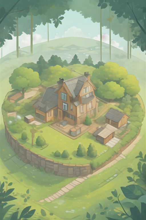 An illustration of a sustainable future village, with green forests and meadows. There is no garbage. The lodge house, The illustration is of a modern and minimalist style, with very vibrant and saturated colors, masterpiece, best quality,