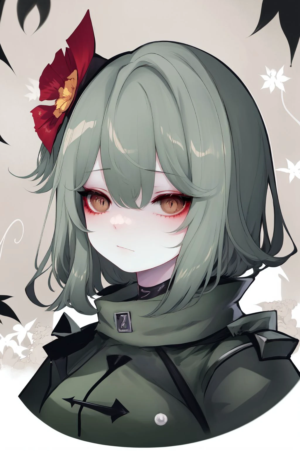portrait,  solo, 1girl, sexual ecstasy, dark grey hair, spiked hair, beige eyes, dark green coat, Monkshood \(flower\), floral background <lora:Sheya_style_v01.10.10.01:1>