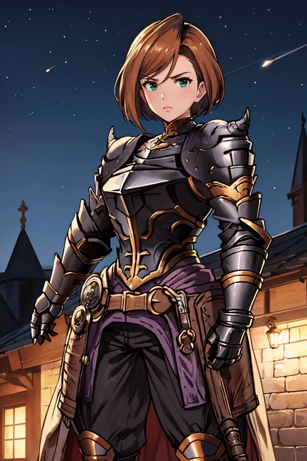 masterpiece, best quality, <lora:gbfbk-nvwls-v1-000009:0.9> gbfBK, short hair, green eyes, armor, shoulder armor, gauntlets, black pants, armored boots, medieval architecture, furrowed brow, night sky, village