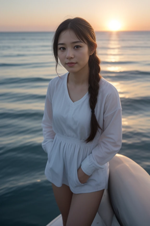 10. A female marine biologist (ethnicity: Black, age: mid-30s) on a research boat (setting: oceanic, sunrise). She's wearing practical, waterproof gear (fabric: weather-resistant) with binoculars slung around her neck. Her hair is in a practical braid, and her makeup is natural, with a focus on sun protection. She's observing marine life (species: dolphins), with a look of joy and fascination, surrounded by the vast ocean and the early morning sun casting a golden glow on the water.
