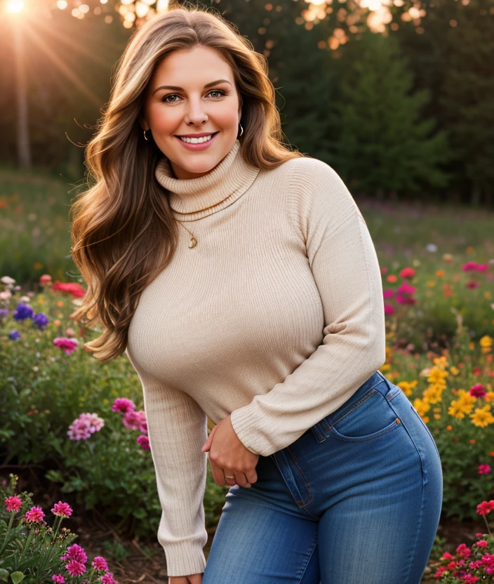 nature, outdoor, Colorful flowers, undergrowth, warm light, sunset, breast, Ultra-HD-details, smile, Turtleneck, woman, jeans