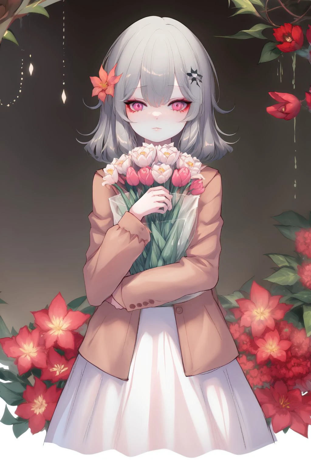 cowboy shot, solo, 1girl, lonely, grey hair, medium hair, pink eyes, brown shirt, Tulip \(flower\), floral background <lora:Sheya_style_v01.10.10.01:1>