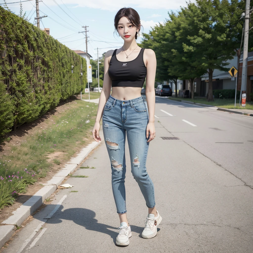 ultra high res, photo, 4k, absurdres, (incredible absurdity), ((masterpiece, best quality)), (wallpaper), (8k hd),perfect_anatomy,realistic ,look the viewer, <lora:YunaKim-08:1>,ulzzang-6500-v1.1,pureerosface_v1, ((full body picture)), ((smile)), photo background, denim, pants, blonde hair, torn pants, 1girl, torn jeans, jeans, torn clothes, outdoors, white footwear, shoes, realistic, short hair, shirt, sleeveless, android 18, full body, solo focus, jewelry, tank top, sneakers, black shirt, midriff, breasts, standing, day, earrings, sleeveless shirt, blurry, belt