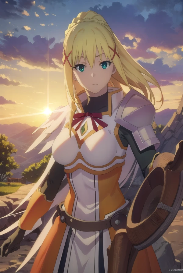 lalatinadustinessford, <lora:lalatina dustiness ford movie-lora-nochekaiser:1>, 
lalatina dustiness ford, darkness \(konosuba\), long hair, (green eyes:1.3), blonde hair, hair ornament, ponytail, braid, x hair ornament,
BREAK gloves, armor, bodysuit, shoulder armor, armored dress,
BREAK outdoor, forest, nature, trees, village, sky, sun, clouds,
BREAK looking at viewer, (cowboy shot:1.5),
BREAK <lyco:GoodHands-beta2:1>, (masterpiece:1.2), best quality, high resolution, unity 8k wallpaper, (illustration:0.8), (beautiful detailed eyes:1.6), extremely detailed face, perfect lighting, extremely detailed CG, (perfect hands, perfect anatomy),