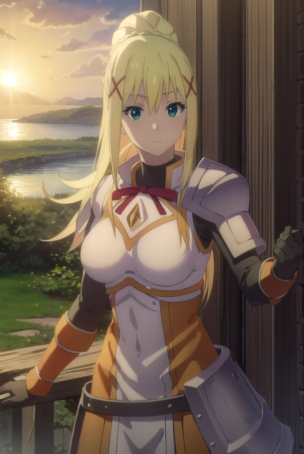 lalatinadustinessford, <lora:lalatina dustiness ford movie-lora-nochekaiser:1>, 
lalatina dustiness ford, darkness \(konosuba\), long hair, (green eyes:1.3), blonde hair, hair ornament, ponytail, braid, x hair ornament,
BREAK gloves, armor, bodysuit, shoulder armor, armored dress,
BREAK outdoor, forest, nature, trees, village, sky, sun, clouds,
BREAK looking at viewer, (cowboy shot:1.5),
BREAK <lyco:GoodHands-beta2:1>, (masterpiece:1.2), best quality, high resolution, unity 8k wallpaper, (illustration:0.8), (beautiful detailed eyes:1.6), extremely detailed face, perfect lighting, extremely detailed CG, (perfect hands, perfect anatomy),