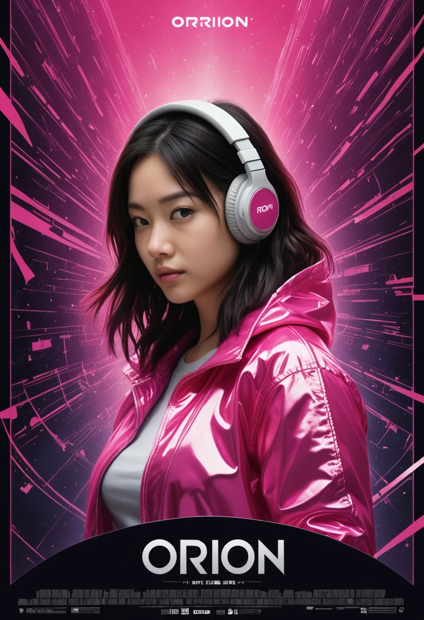 a (movie poster with title and text graphics:1.3) (under the title banner text logo "O\R\I\O\N":1.5), commercial portrait a girl in pink shirt and pink jacket is listening to music, in the style of made of liquid metal, deconstructed tailoring, webcam photography, duckcore, bold curves, chinapunk, ferrania p30
