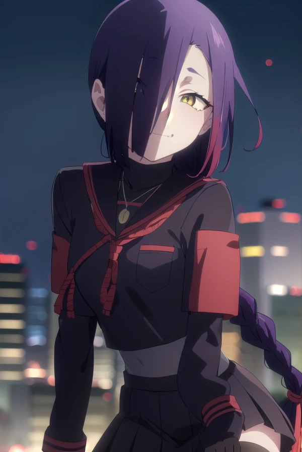 maganechikujouin, <lora:magane chikujouin s1-lora-nochekaiser:1>,
magane chikujouin, long hair, purple hair, braid, single braid, (hair over one eye:1.5), (yellow eyes:1.3), smile, grin,
BREAK skirt, thighhighs, gloves, jewelry, school uniform, earrings, serafuku, black gloves, black thighhighs, necklace, zettai ryouiki,
BREAK outdoor, city, night, sky, buildings, moon, clouds,
BREAK looking at viewer, (cowboy shot:1.5),
BREAK <lyco:GoodHands-beta2:1>, (masterpiece:1.2), best quality, high resolution, unity 8k wallpaper, (illustration:0.8), (beautiful detailed eyes:1.6), extremely detailed face, perfect lighting, extremely detailed CG, (perfect hands, perfect anatomy),