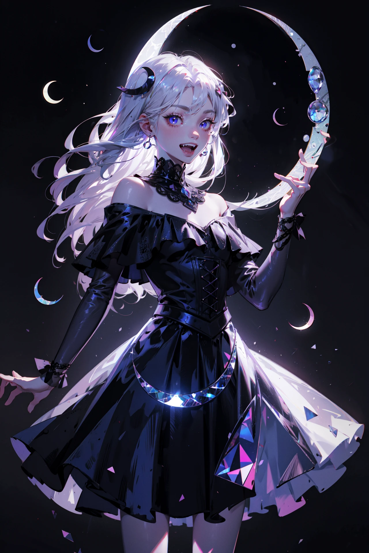 ((best quality, masterpiece, absurbres, super-resolution))
1girl, gentle, elegant, smiling, open mouth, small fangs, little devil, looking at viewer,
BREAK
dancing with you, reaching out to viewer, spinning
BREAK
flowing glistering hair, bejewel accessories, flowy translucent skirt, Off shoulder cut out top with laces
BREAK
(Detailed crescent moon:1.5), (crystal, holographic, prism:1.3)
