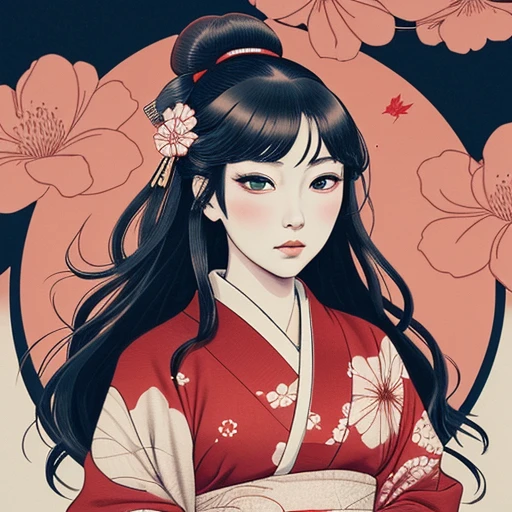 {{{Ukiyo-e_style}}},{{flat_style}},{simple_colors},{{{masterpiece}}}, {katsushika_hokusai},long_hair,hair_flower,{{black_hair}},red_eyes,red_sky,{chinoiserie},{{{best_quality}}},kimono,{{ultra-detailed}},{illustration},Maple_leaves_flying,{{1girl}},{{{solo}}},{{an_extremely_delicate_and_beautiful}},blank_stare,close_to_viewer,{breeze},{Flying_splashes},{Flying_petals},wind,{Gorgeous and rich graphics}<lora:é»çç稿:0.6>