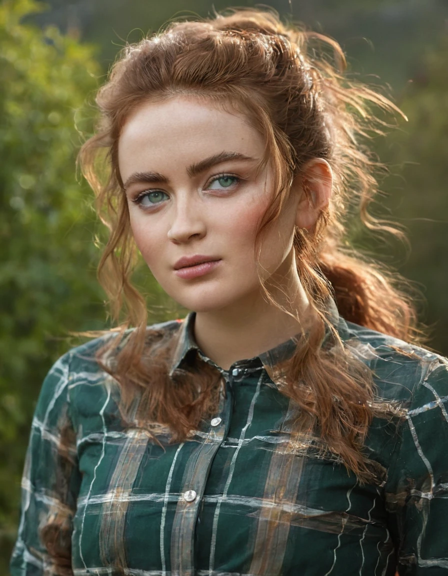  waist up portrait of ((sdsx:1.2) woman) green eyes, messy beehive hair style, natural skin complexion, slim with curves, tartan shirt, outdoor background, soft lighting, captured by randomly selected photographer. This image looks glamorous and elegant in style and outdoor background that was recognized as a contest winner. It has been featured on CG Society. Cinematic